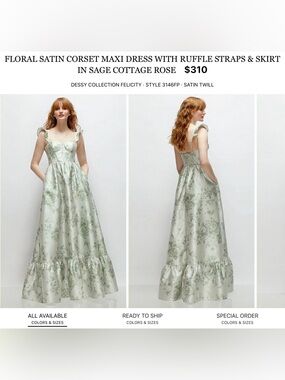 Dessy Collection Satin Floral Corset Maxi Dress in Sage Cottage Rose
